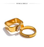 18K Smooth Stainless Steel AAA Zirconia Diamonds Round Square Delicate Trendy Ring