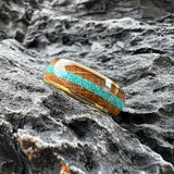 Amazing Whiskey Barrel Oak Wood Crushed Turquoise Inlay Tungsten Carbide Rings