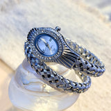 Snake Head Embellished Crystals Hollow-Out Woven Steel Bracelet Women's Watch