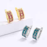 Classic Red Green Flowers Handmade Enamel Silver Plated 925 Earrings