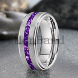 Purple Crystal Stone Inlay Brushed Finish Silver Finish 6/8MM Tungsten Rings