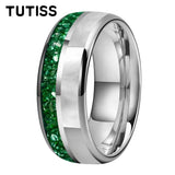Dome Double Groove Inlaid With Green Crystal Stone Mother Of Pearl Shell Tungsten Rings