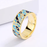 Classic Wide Gold Ring Blue Epoxy Handmade Enamel Small Fish Shape Ring