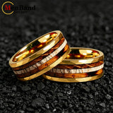 Classic Whiskey Barrel Oak Wood Deer Antler Inlay Tungsten Rings for Men Women