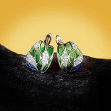 Handmade Enamel Green Bamboo Leaves AAA Zircon Diamonds Silver Earrings