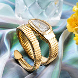 Fashion Ice Diamond Shiny Luxury Snake Bracelet Watch For Women - Elegant Ladies Gold Quartz Wristwatch