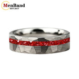 Hammered Faceted Brushed Finish Red Crystal Stone Inlay Gold Color Tungsten Rings