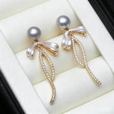 Delicate Ribbon Bow Silver Real Multicolour Pearl AAA Zircon Diamonds Stud Earrings