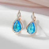 Luxury Flash Blue Drop 14K Rolled Rose Gold AAA Zircon Crystal Micro Wax Setting Earrings - Daily Fine Jewellery