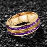 Purple Crystal Stone and Guitar String Inlay 8mm Tungsten Carbide Rings Men Women