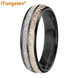 Polished Bevel Edges Deer Antler, Meteorolite Inlay 6/8mm Tungsten Carbide Rings
