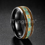 Whiskey Wood And Turquoise Gold Foil Inlay Unisex Tungsten Carbide Unisex Rings