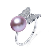 Butterfly Shape Natural Freshwater Pearl Shiny AAA Zircon Diamonds Silver Ring