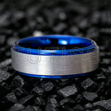 Matte Silver Brushed Center Shiny Blue Beveled Edges Two Tone 6/8mm Tungsten Rings
