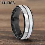 Dome Double Groove Inlaid With White Opal Stone Mother Of Pearl Shell Tungsten Rings