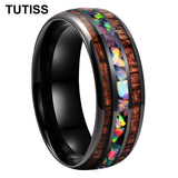 Inlaid Hawaiian Koa Wood Crushed Fire Opal 6/8mm Black Tungsten Carbide Rings