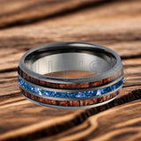 Blue Crystal Stone Inlaid Hawaiian Koa Wood 6/8mm Tungsten Carbide Rings