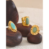 18K Gold Plated Green Natural Stone Fashion Adjustable Stainless Steel Geometric Open Ring