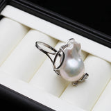 Real Freshwater Natural Baroque Large Pearl AAA Zircon Diamonds Silver Ring