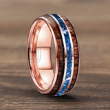 Blue Crystal Stone Inlaid Hawaiian Koa Wood 6/8mm Tungsten Carbide Rings