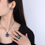 New Retro Lab Created Sapphire Gemstone Necklace Pendant Ring Earrings Set - Wedding Party Fine Jewellery - The Jewellery Supermarket