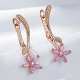 Superb Frosted Texture Pink 14K Rolled Rose Gold AAA Zircon Flower Dangle Earrings for Women - Fashion Jewellery