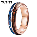 Blue Crystal Stone Inlaid Hawaiian Koa Wood 6/8mm Tungsten Carbide Rings