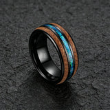 Inlaid Whiskey Barrel Wood and Blue-Green Opal 6/8MM Men Women Tungsten Rings