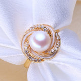 Elegant Swirl Design White Pink Black Real Pearl AAA Zircon Diamonds 18KGP Rings