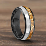 Dome Double Groove Inlaid Golden Crystal Stone Mother Of Pearl Shell 6/8mm Tungsten Ring
