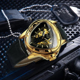 Sports Military Skeleton Automatic Mechanical Watches - Black Gold Triangle Dial Steel Leather Strap Luxury Watches