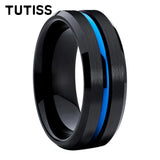 Beveled Edges Grooved Brushed Surface 8mm Black Blue Tungsten Carbide Rings
