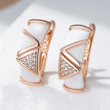 14 Karat Rolled Gold Hollow Geometric Curved White Ceramic AAA Zircon Diamonds Earrings