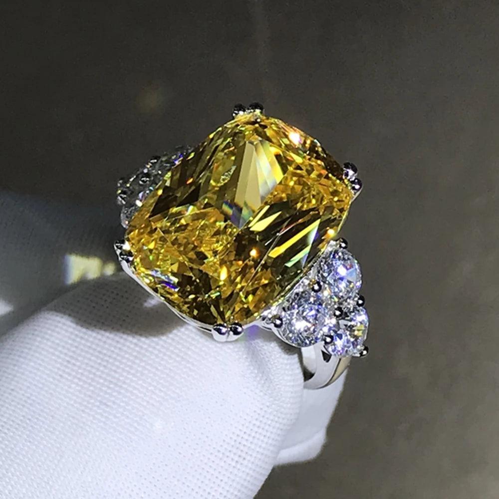 Stunning Silver Cushion Cut AAAAA VVS Lab Grown Fancy Yellow Sapphire Faceted Gemstone Big Ring - Luxury Jewellery - The Jewellery Supermarket
