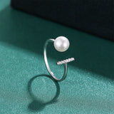 Elegant Real Pearl 925 Sterling Silver AAA Zircon Diamonds Open Geometric Ring