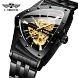 New Mechanical Watches Golden Stainless Steel Waterproof Sport Mens Triangle Transparent Skeleton Watches
