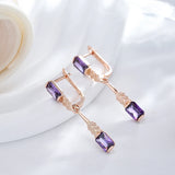 14K Filled Gold Square AAA Lab Created Purple Amethyst Zircon  Long Drop Earrings