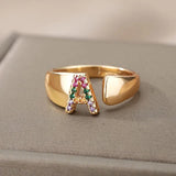 New Rainbow Zircon Letter Rings For Girls, Women - Fashion Chunky Wide Letter A-Z Stainless Steel Rings, Boho Jewellery - The Jewellery Supermarket