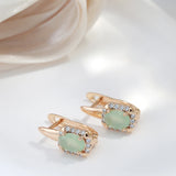 14 Karat Filled Gold New Geometric Oval Jade Green AAA Zircon Crystals Elegant Earrings