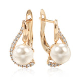 14 Karat Rolled Gold Unique Geometric Pearl and AAA Zircon Diamonds Luxury Earrings