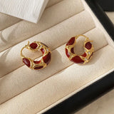Handmade Vintage Enamel White Red Black  Small Hoop Trendy Gold Plated Earrings