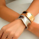 New Boho Glossy Metal Wide Cuff Open Arm Punk Gold Colour Charm Bangle Bracelets for Women