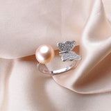 Butterfly Shape Natural Freshwater Pearl Shiny AAA Zircon Diamonds Silver Ring
