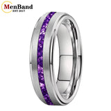 Purple Crystal Stone Inlay Brushed Finish Silver Finish 6/8MM Tungsten Rings