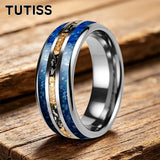 Polishing Dome Blue Glass Stone Meteorite Gold Foil Inlay 6mm 8mm Tungsten Rings