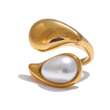 18K Gold Plated Stainless Steel Fashion Imitation Pearl or Tiger Eye Water Drop Elegant Ring
