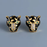 Exquisite Handmade Enamel Black Leopard Green Spinel White AAA Zircon Earrings