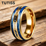 Polishing Dome Blue Glass Stone Meteorite Gold Foil Inlay 6mm 8mm Tungsten Rings