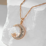 14K Rolled Gold Trend Black Enamel Stars Moon AAA Zircon Diamonds Ethnic Necklace