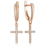 Adorable 14K Rolled Gold AAA Zircon Diamonds Faith Cross Drop Earrings Fine Jewellery